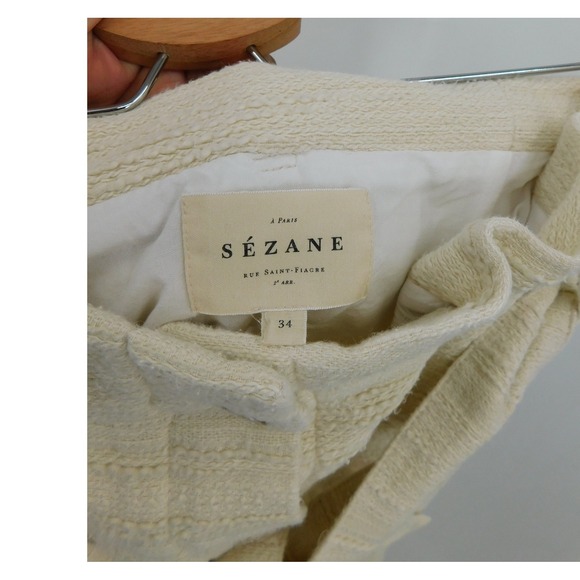 Sezane Cream Textured Button Front Midi Skirt Belted Waist Size 34 - Picture 3 of 6